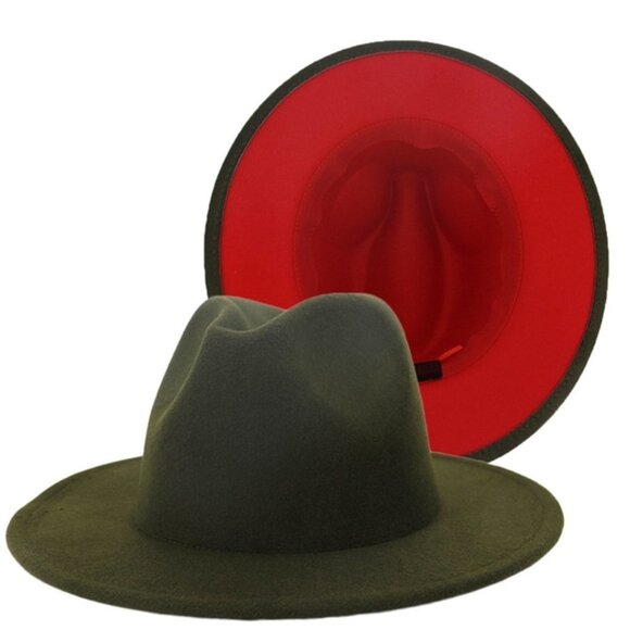 DOUBLE SIDED COLOR FEDORA JAZZ HAT OLIVE AND RED